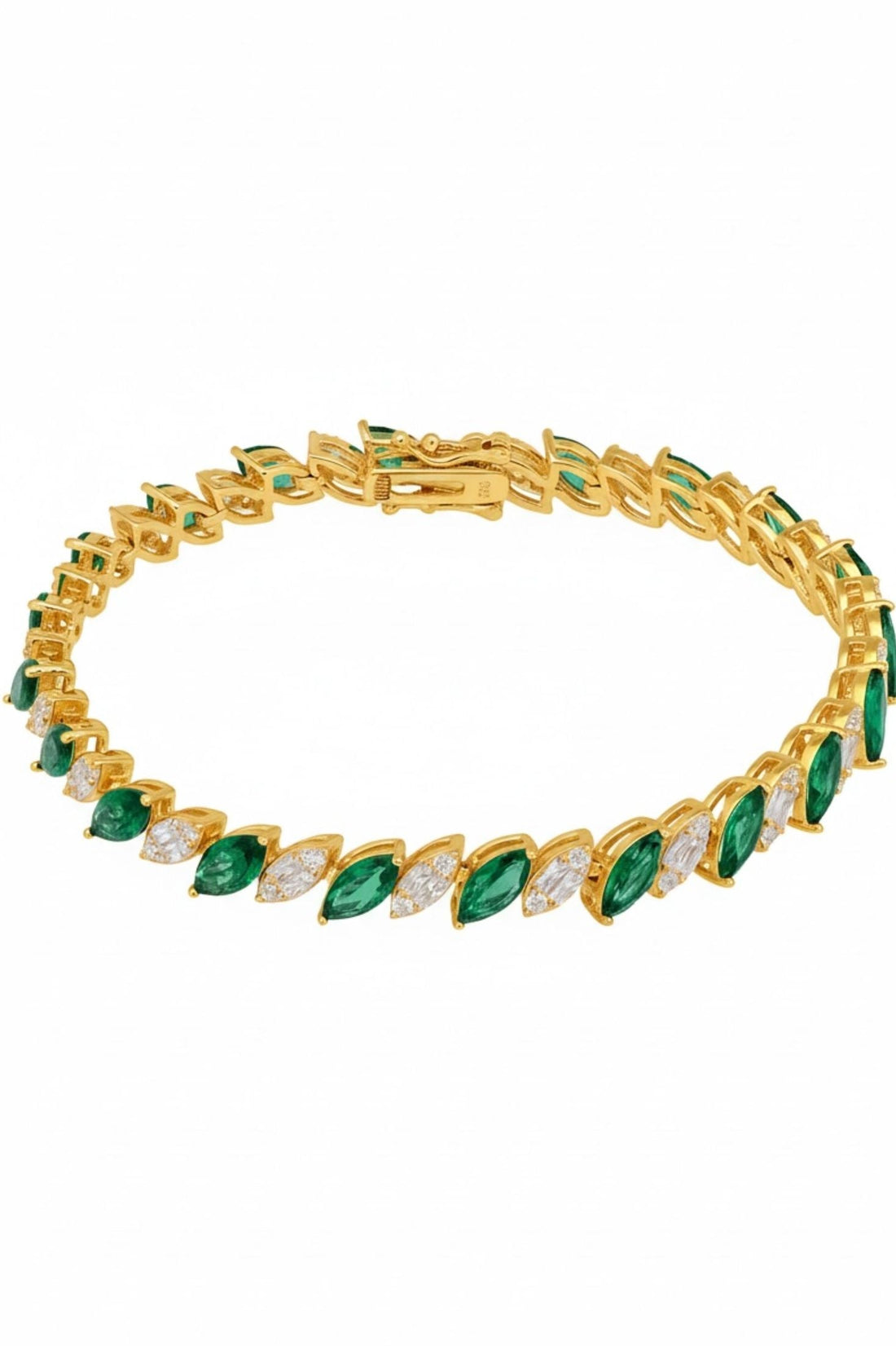 Gold tennis bracelet with emerald-green oval stones and small gold links