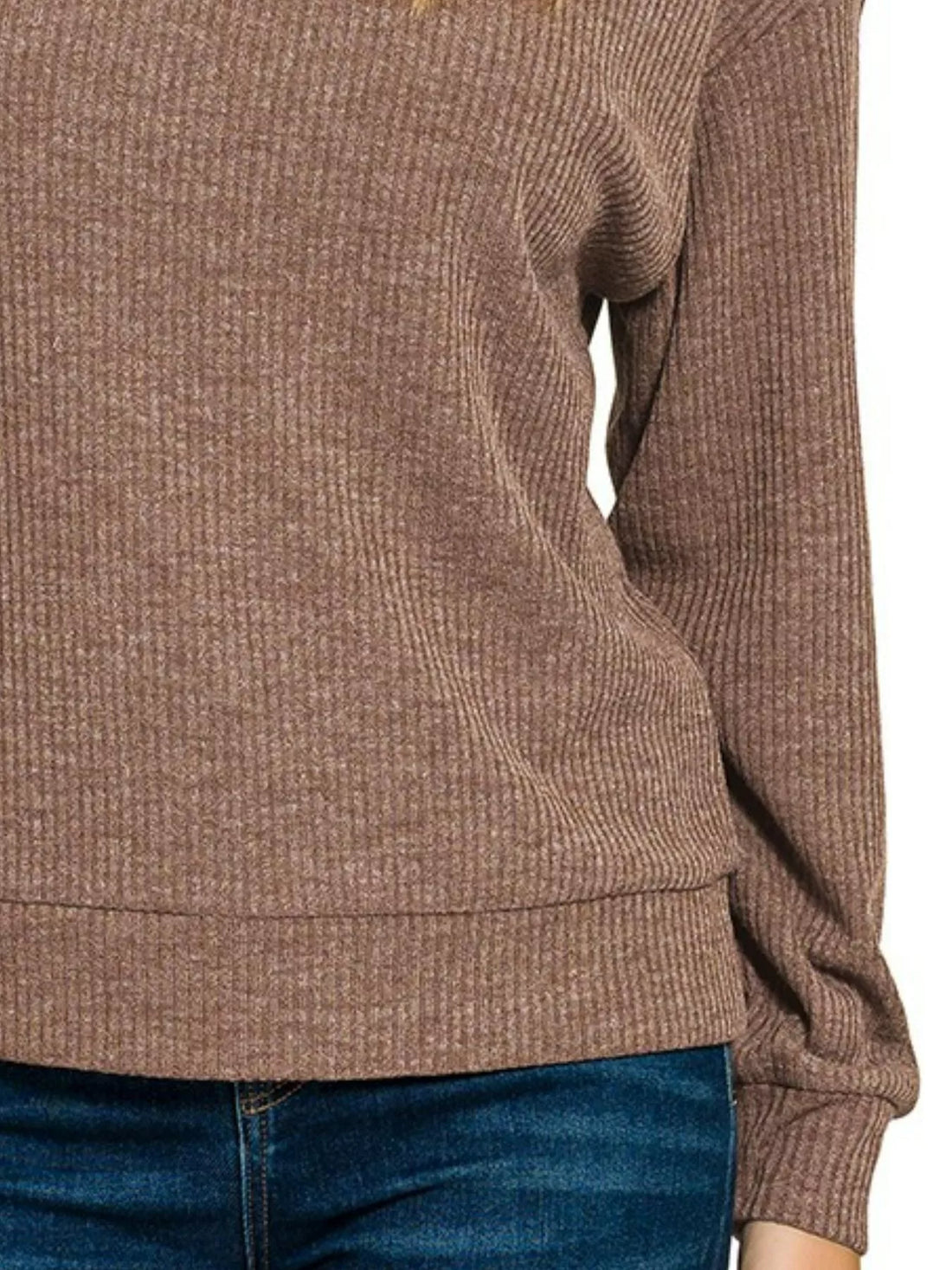 Brown ribbed long sleeve hoodie close-up with kangaroo pocket and sleeve cuff