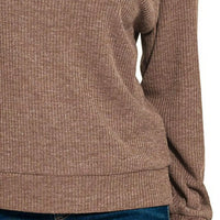Brown ribbed long sleeve hoodie close-up with kangaroo pocket and sleeve cuff