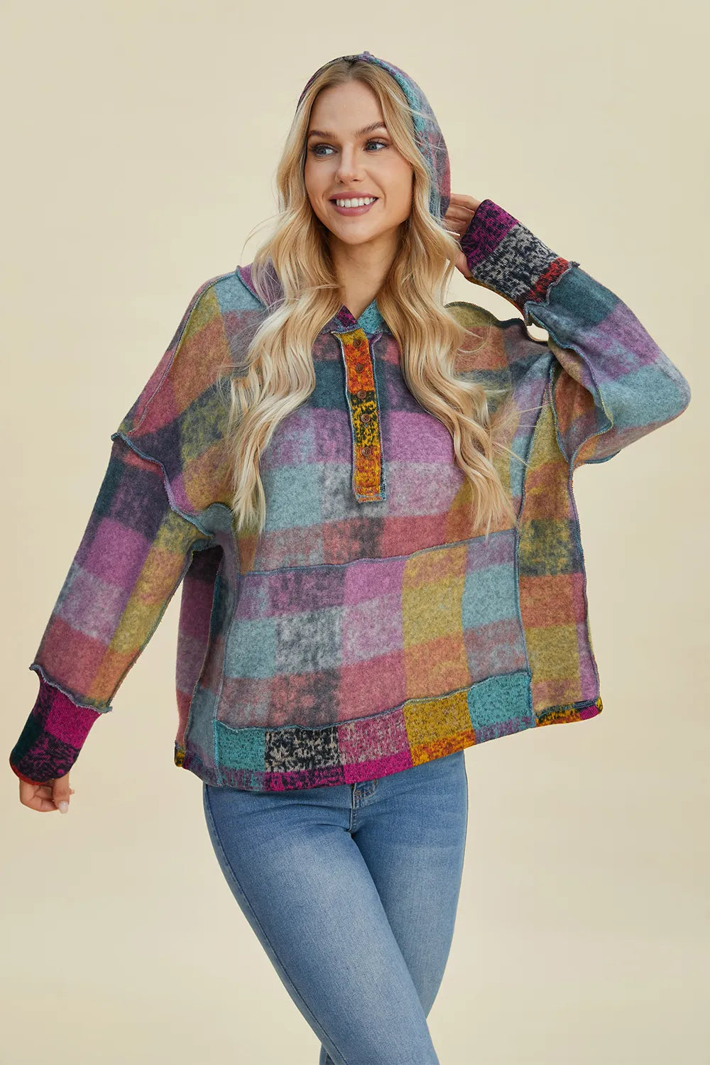 Multicolor plaid fleece hoodie with hood, dropped sleeves, and front button placket