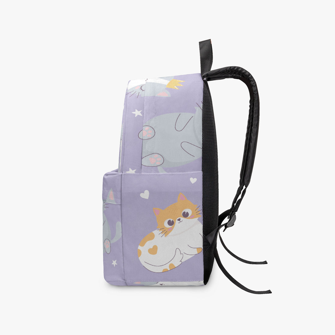 Kids purple kitten-print backpack side view with black webbing straps and hanging cord