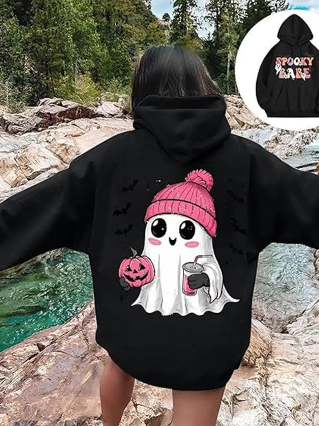 Plus-size Halloween graphic long-sleeve hoodie in black with Spooky Baby pumpkin front graphic