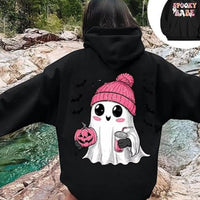 Plus-size Halloween graphic long-sleeve hoodie in black with Spooky Baby pumpkin front graphic