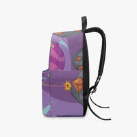 Kids canvas backpack side view with purple space print and black adjustable straps