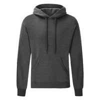 Charcoal gray pullover hoodie with drawstring hood and front kangaroo pocket