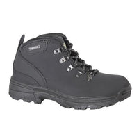 Black waterproof walking boot with metal lace hooks and padded collar