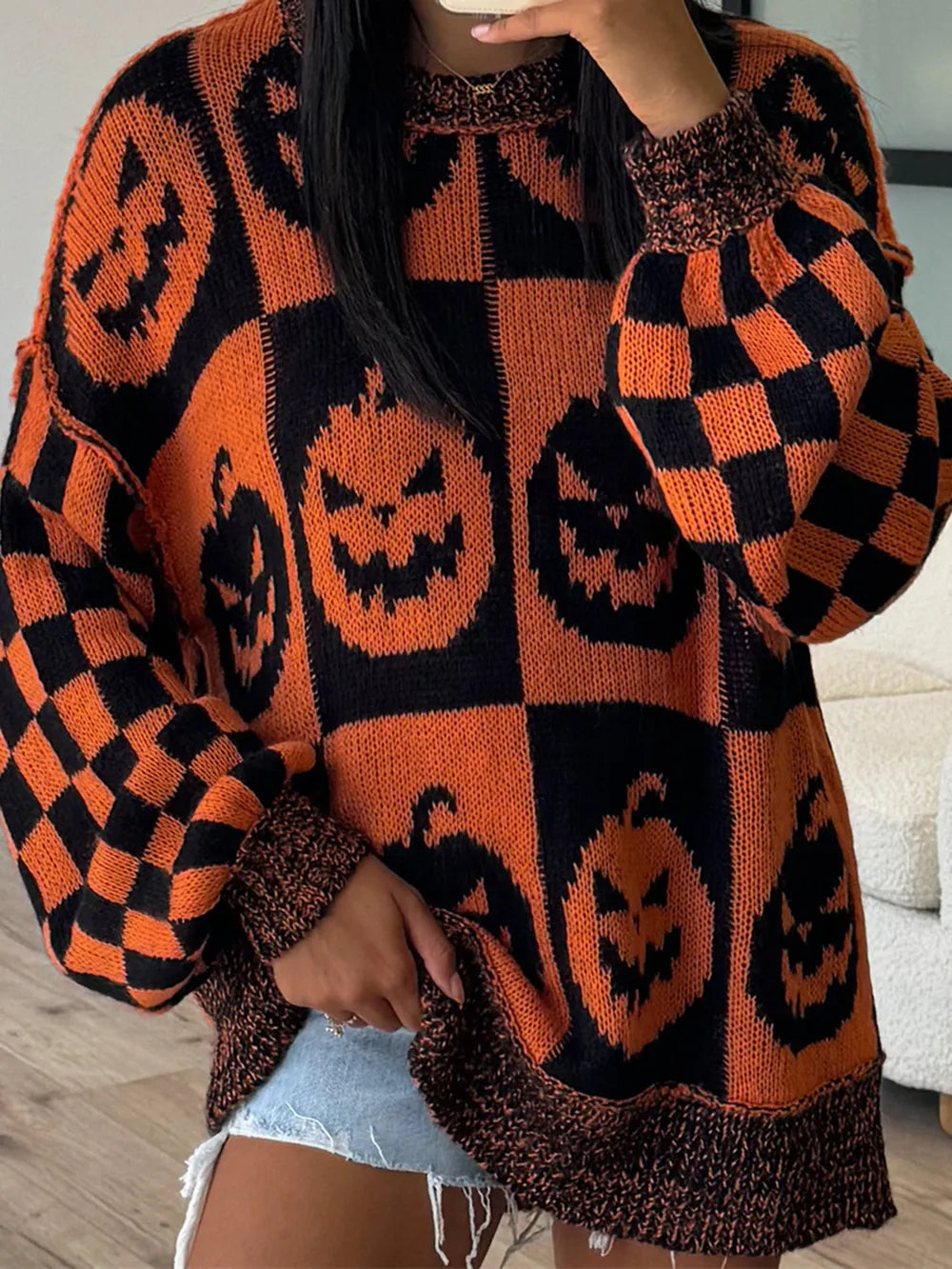 Orange and black pumpkin knit sweater, crew round neck, ribbed cuffs and hem