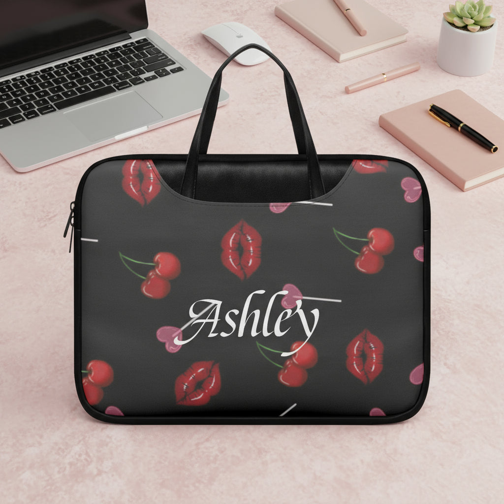 Faux Leather Laptop Bag | Personalized Black Cherry & Red Lips Print