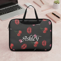 Faux Leather Laptop Bag | Personalized Black Cherry & Red Lips Print