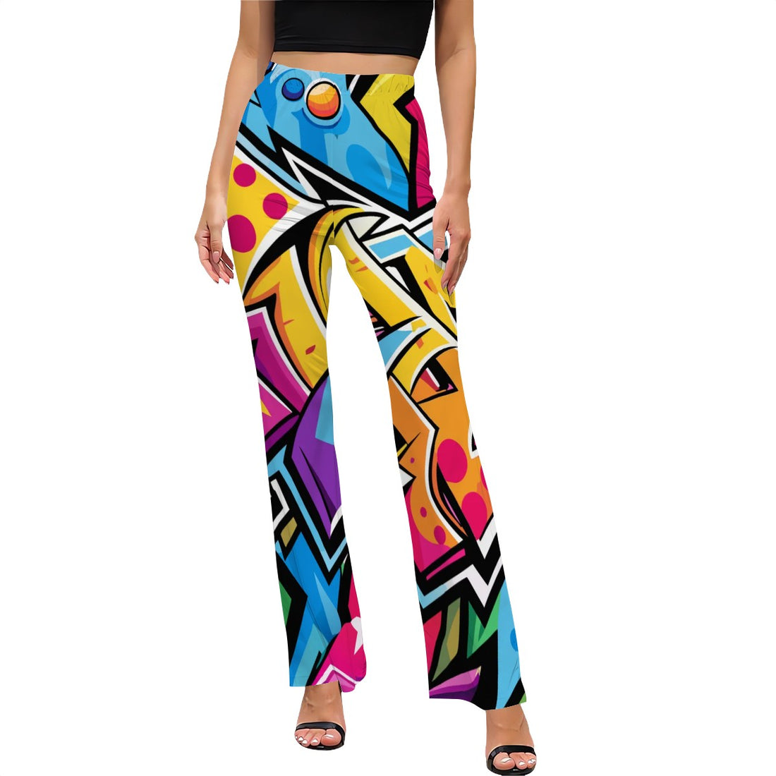 Graffiti Print High Waist Flared Pants Artistic Urban Style Trousers