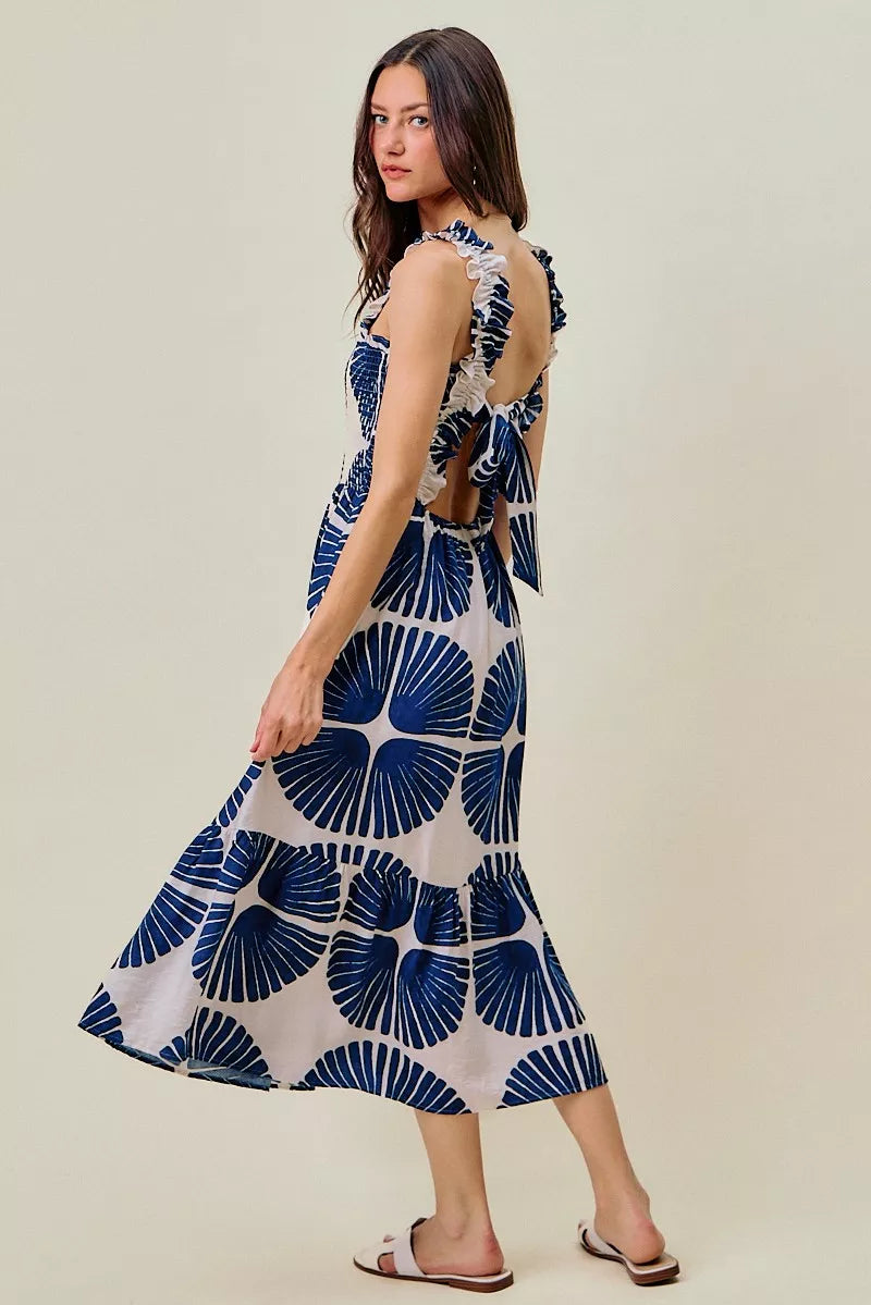 Navy abstract print tiered midi dress, smocked bodice, ruffled shoulder straps