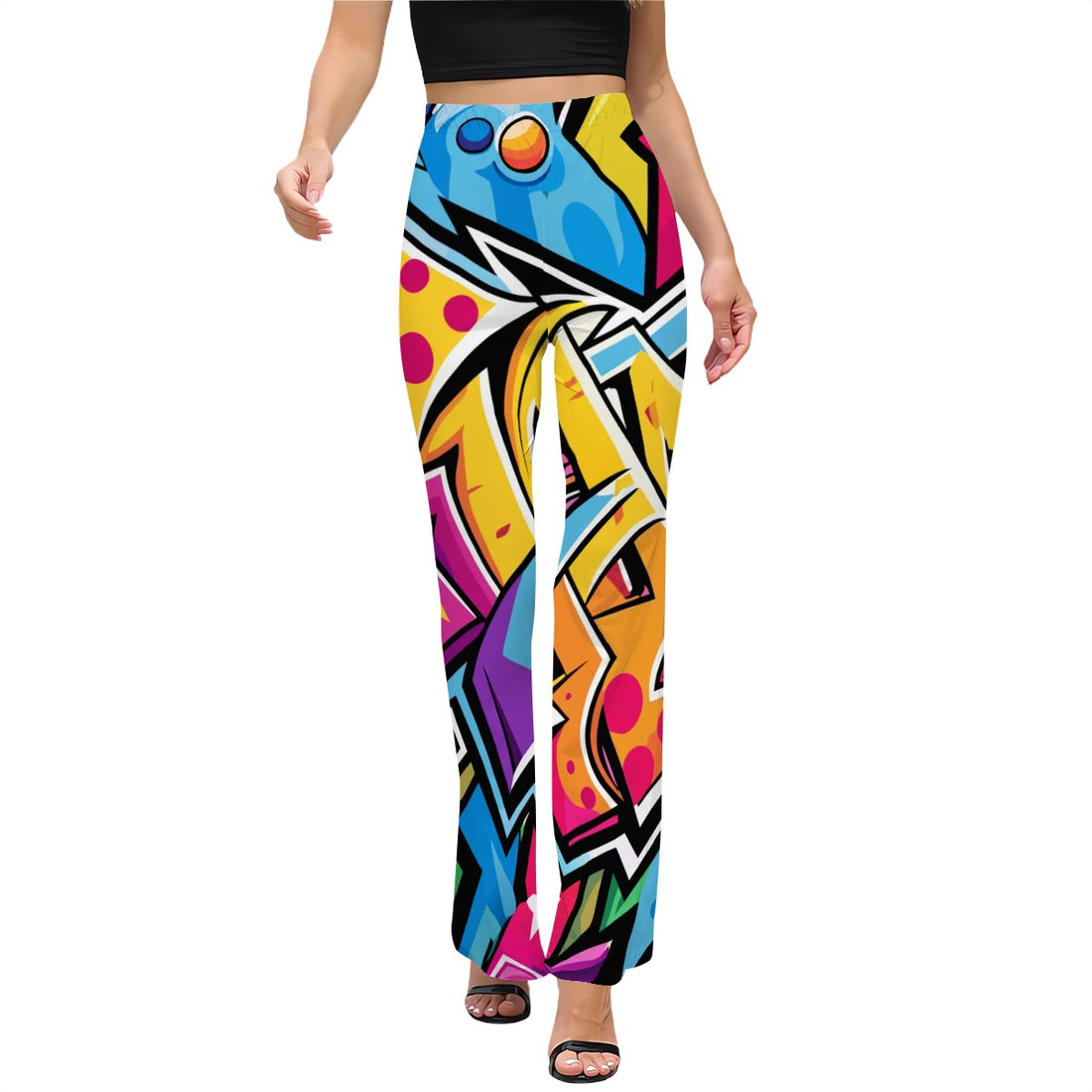 Graffiti Print High Waist Flared Pants Artistic Urban Style Trousers