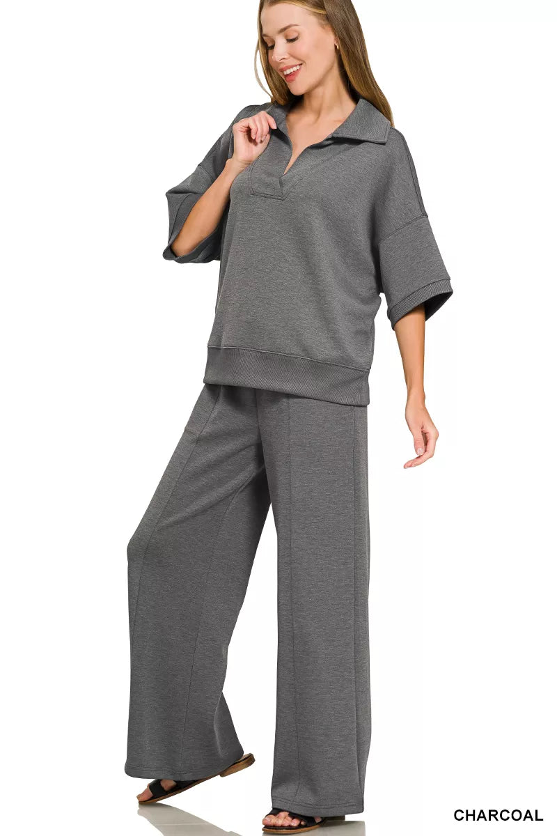 Charcoal collared short-sleeve pullover and center-seam pants set