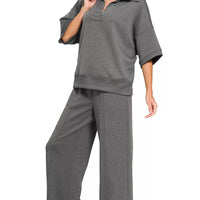 Charcoal collared short-sleeve pullover and center-seam pants set