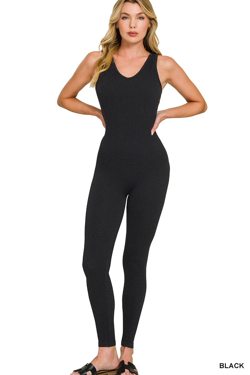 Black padded sports seamless bodysuit with scoop neckline and tapered full-length legs