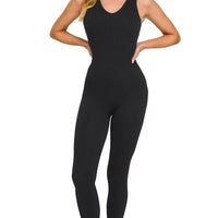 Black padded sports seamless bodysuit with scoop neckline and tapered full-length legs