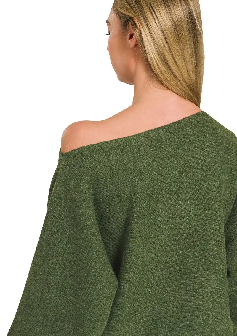 Back view of dark olive boat-neck sweater with wide, draped sleeves