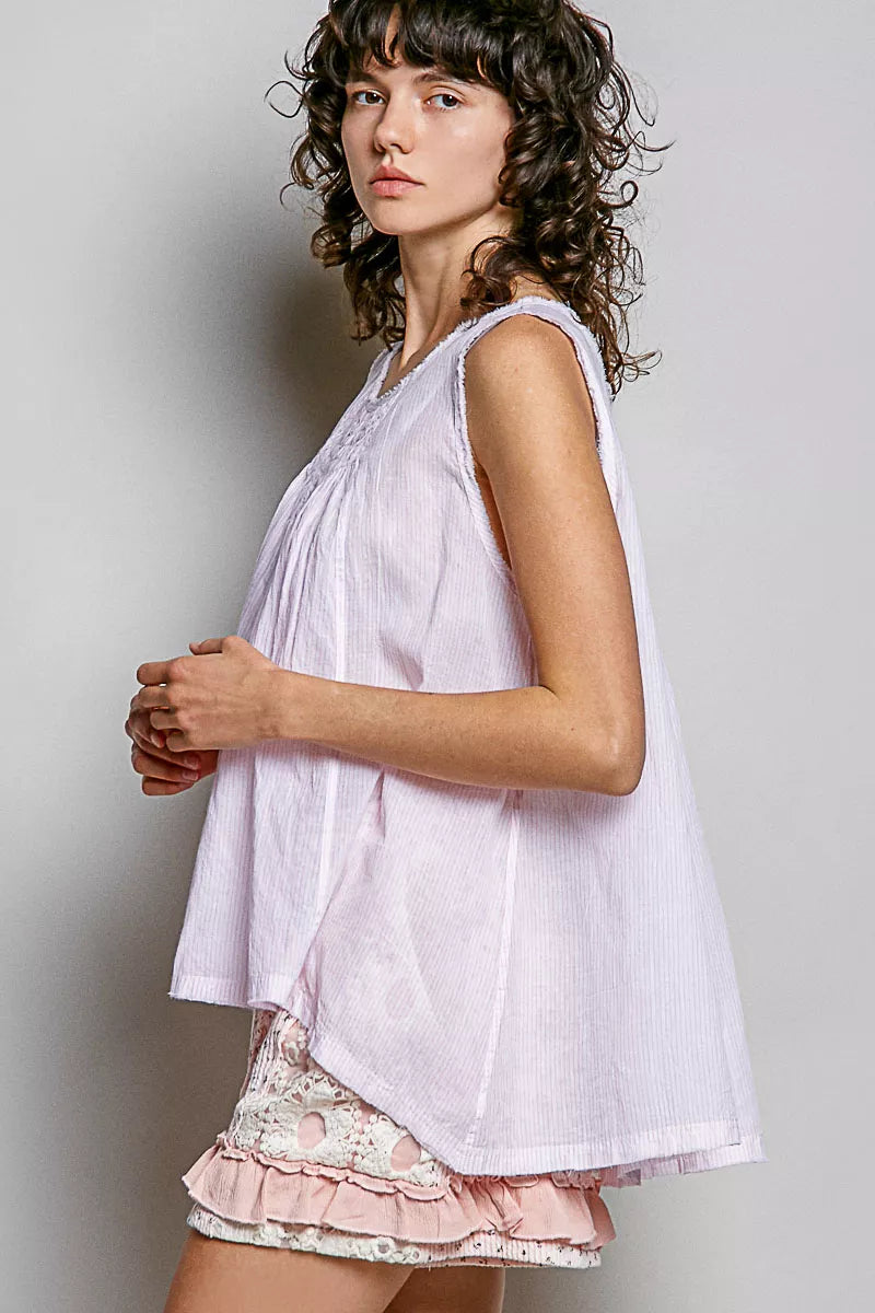 Lavender sleeveless cotton top with round neck and gathered pleated front