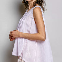 Lavender sleeveless cotton top with round neck and gathered pleated front