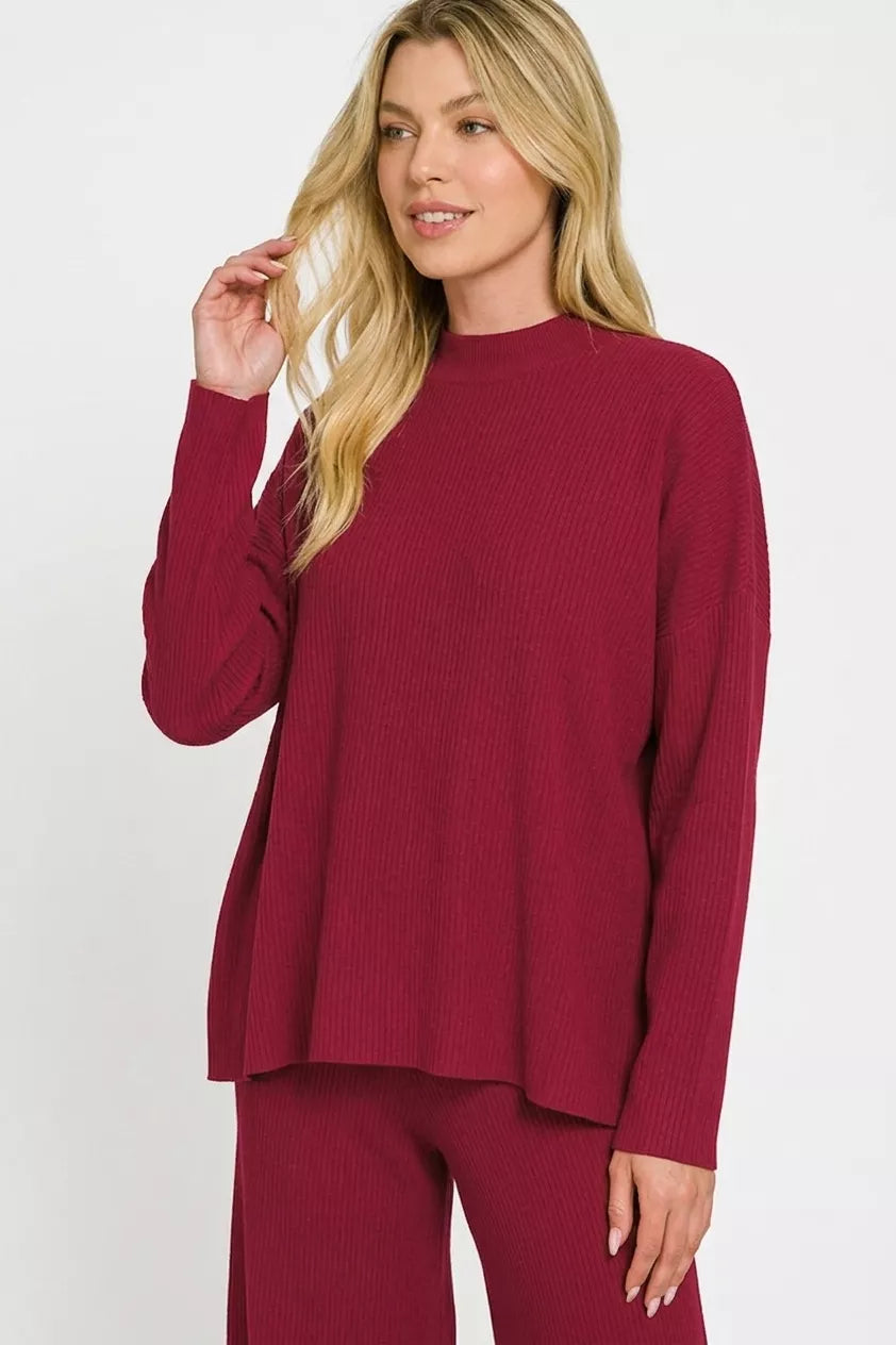 Cabernet long-sleeve viscose sweater top with ribbed knit and matching pants