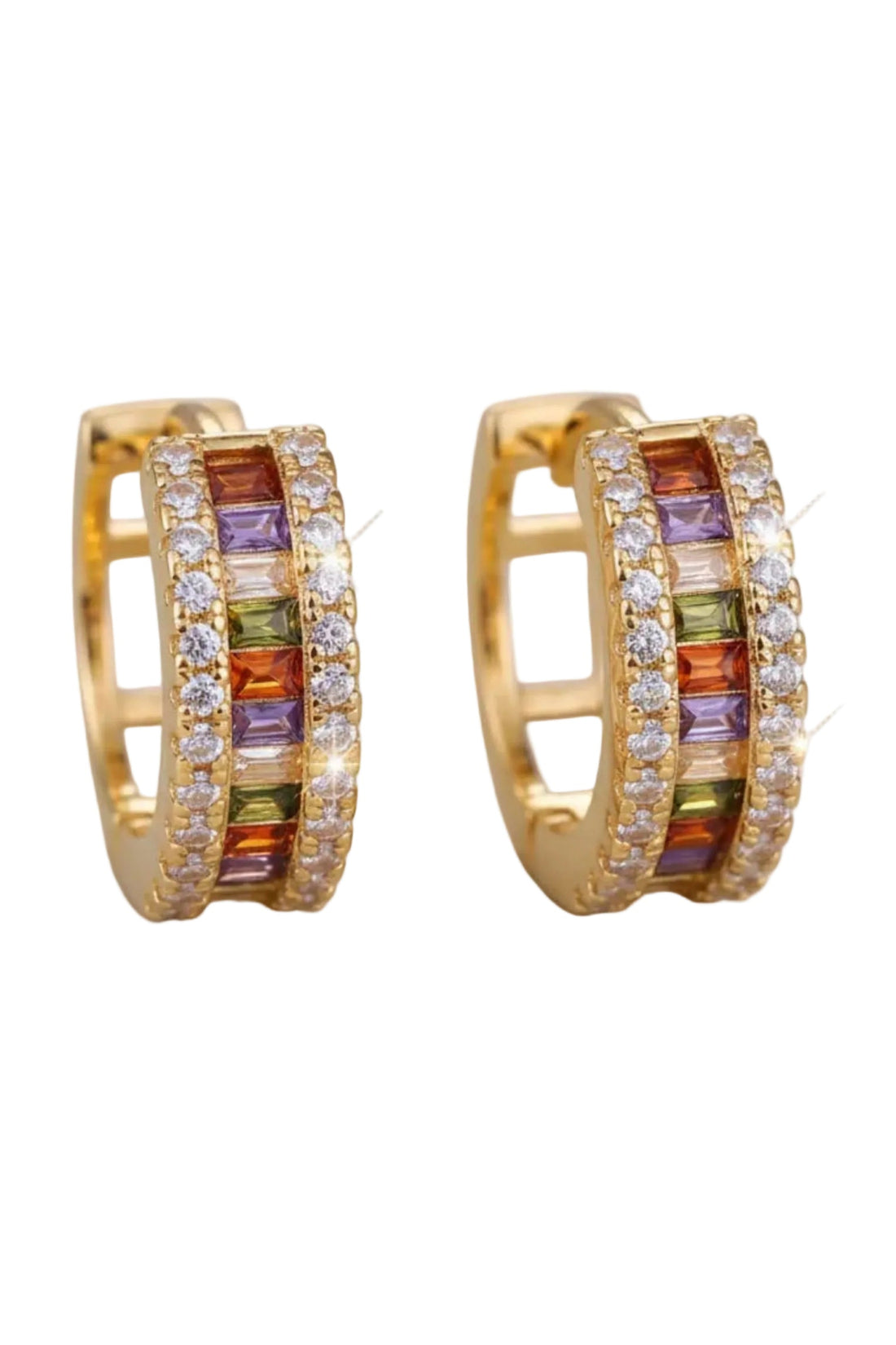 Gold huggie hoop earrings with rainbow baguette stones and clear pavé accents