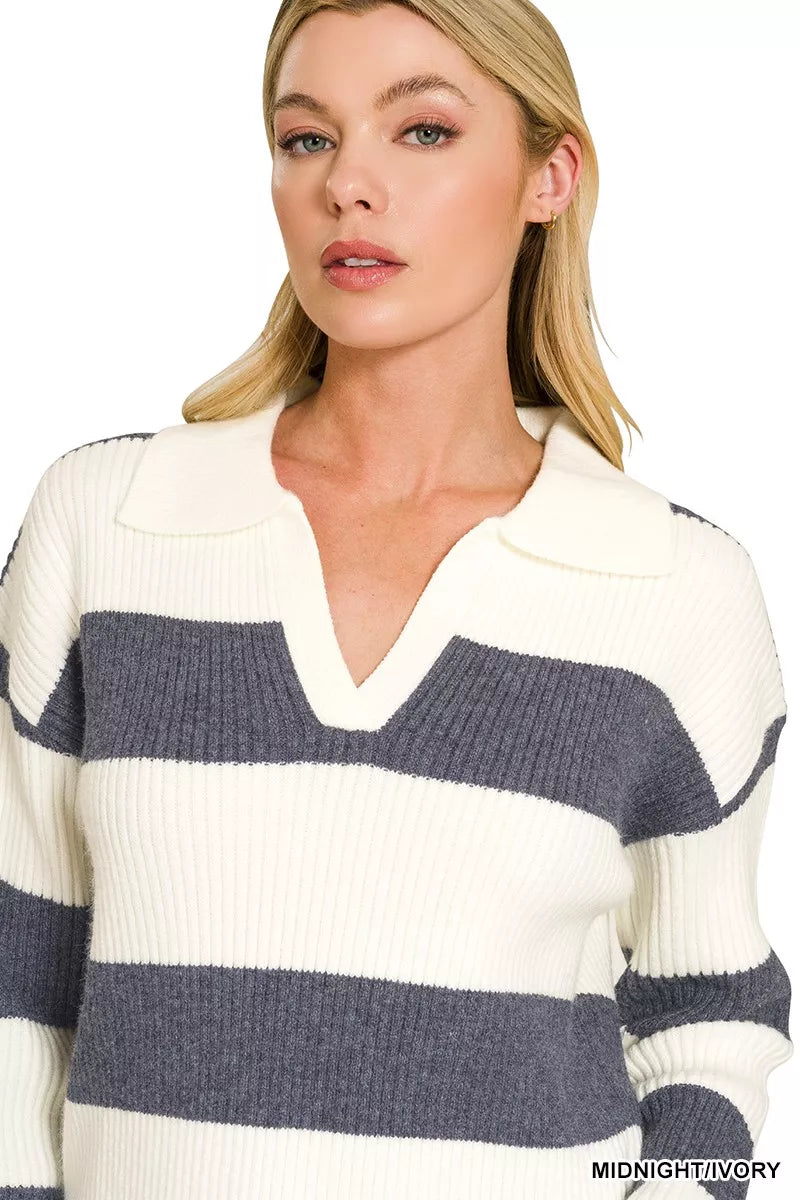 Navy/ivory striped collared sweater with V-neck and ribbed trim