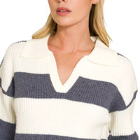 Navy/ivory striped collared sweater with V-neck and ribbed trim