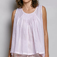 Lavender sleeveless cotton top with round neck, gathered pleats and scalloped hem