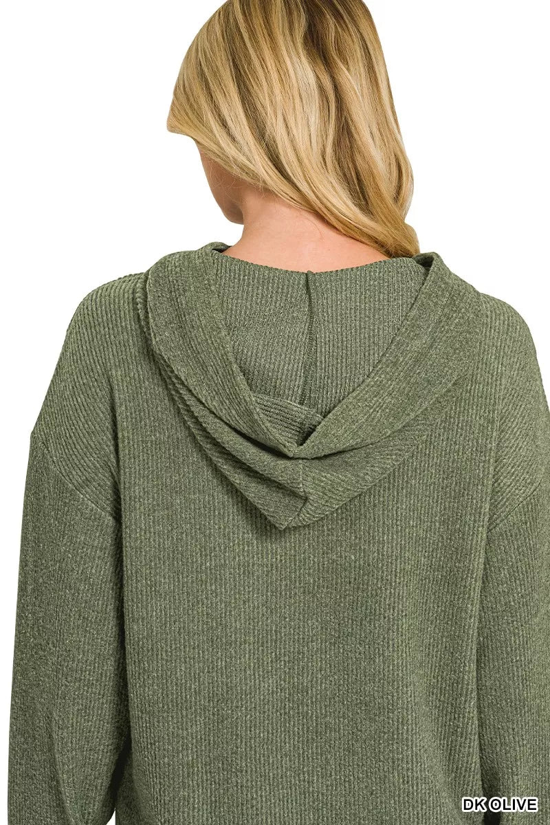 Dark olive knit hoodie back view with hood and long raglan sleeves