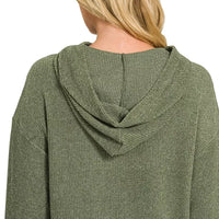 Dark olive knit hoodie back view with hood and long raglan sleeves