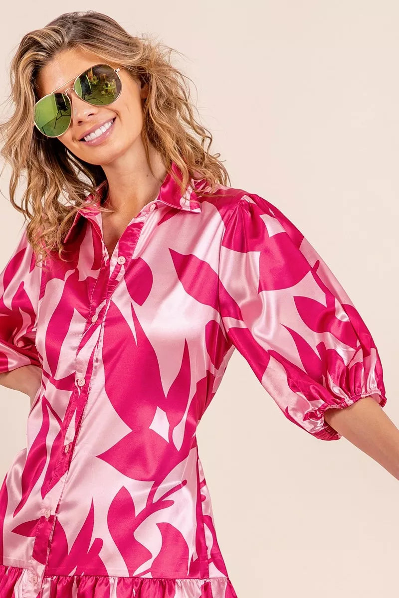 Fuchsia leaf-pattern satin collared mini dress with button placket