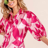 Fuchsia leaf-pattern satin collared mini dress with button placket