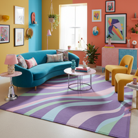 Purple wavy striped geometric rug with mint and teal bands, large rectangular.