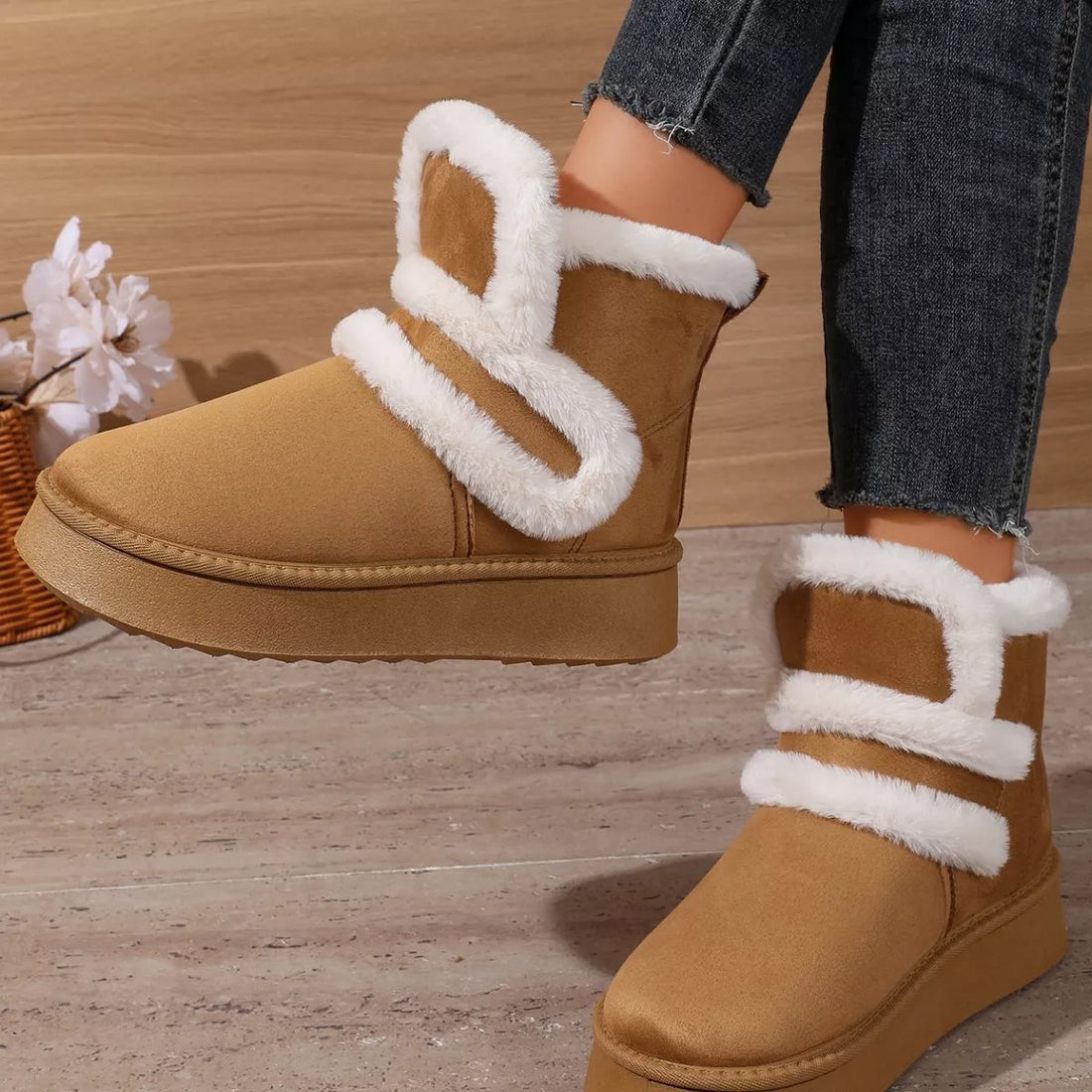 Camel round-toe platform boots with white faux-fur trim and chunky platform sole