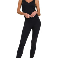Black padded sports seamless bodysuit with scoop neck, full-length slim fit