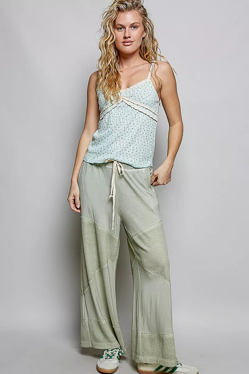 Mint lightweight ribbed knit cami with thin straps, lace-trim neckline and small print