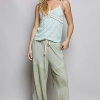 Mint lightweight ribbed knit cami with thin straps, lace-trim neckline and small print