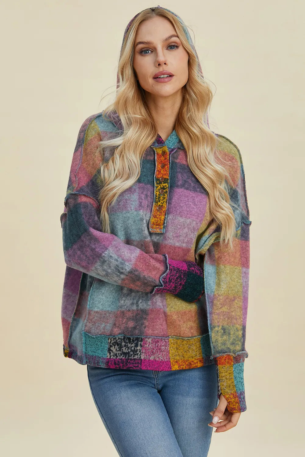 Multicolor plaid fleece hoodie with hood, dropped shoulders, and front button placket