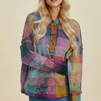 Multicolor plaid fleece hoodie with hood, dropped shoulders, and front button placket