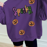 Violet sequin Halloween sweatshirt with 'Spooky' front and pumpkin sequin accents