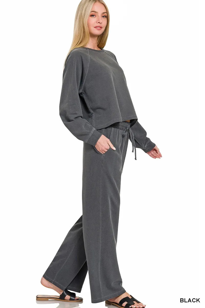 Dark gray pullover and wide-leg pants set, side view