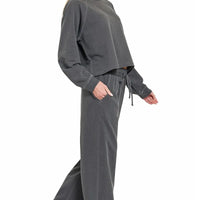 Dark gray pullover and wide-leg pants set, side view