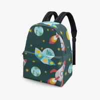 Dark green canvas backpack with space print and wide front panel; adjustable black shoulder straps.
