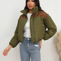 Women's zip-front puffer coat in army green with brown contrast panels and collar
