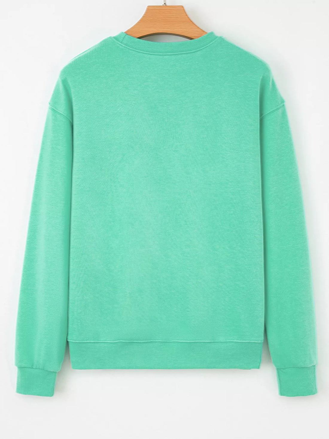 Turquoise crewneck sweatshirt, back view