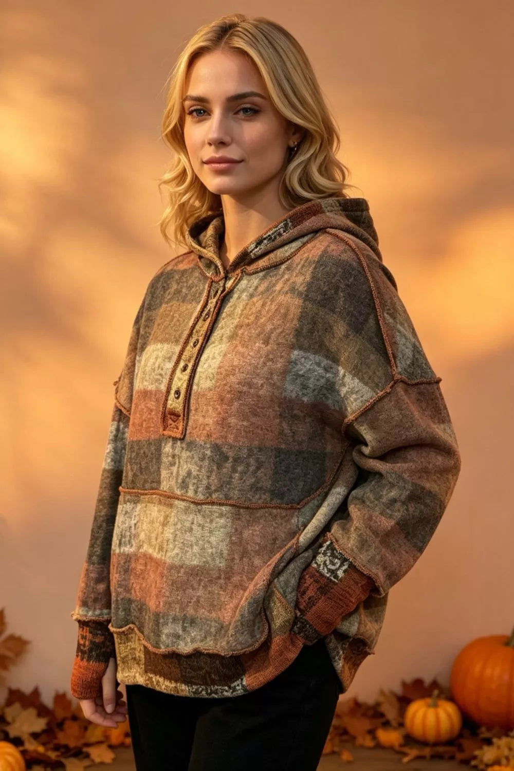Plaid fleece hoodie with dropped shoulders, front half-zip, kangaroo pocket, side view.