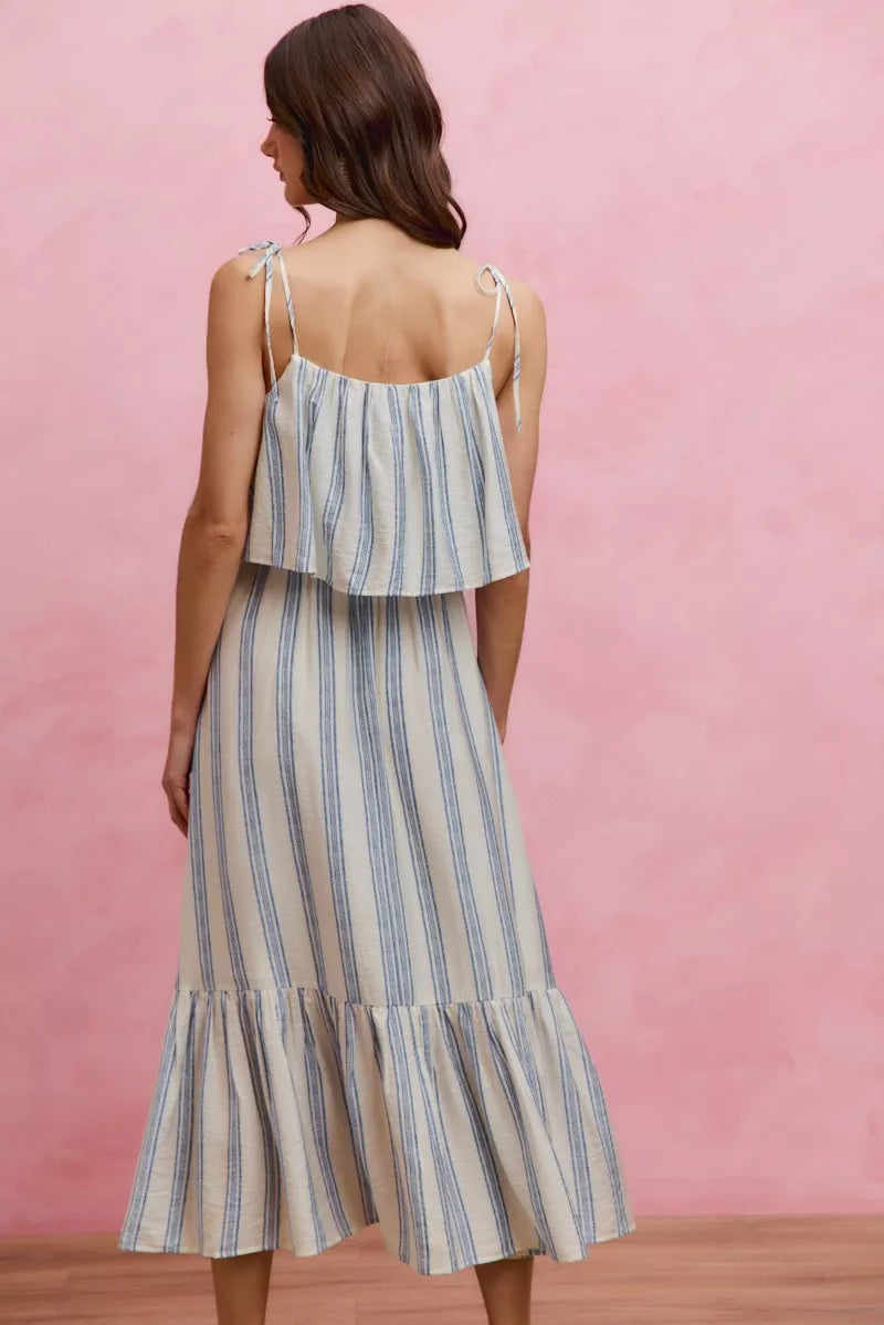 Back view of sleeveless striped midi dress with open-back tie straps and tiered ruffle skirt