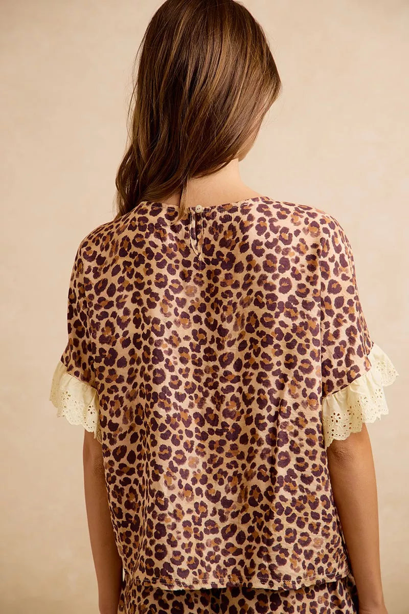Leopard print top set back view with eyelet lace-trim sleeves