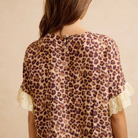 Leopard print top set back view with eyelet lace-trim sleeves