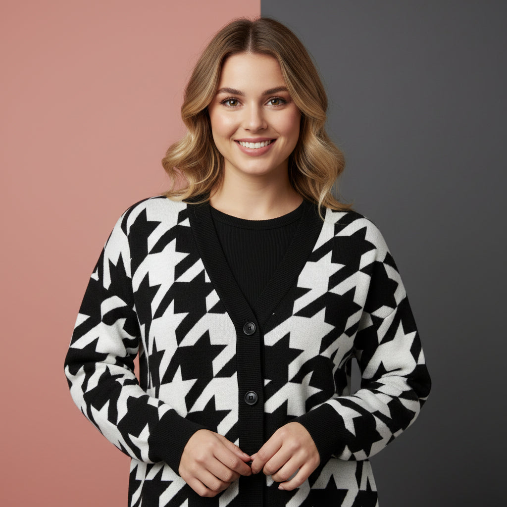 Houndstooth Cardigan | Unisex Aesthetic Preppy Jacquard Knit